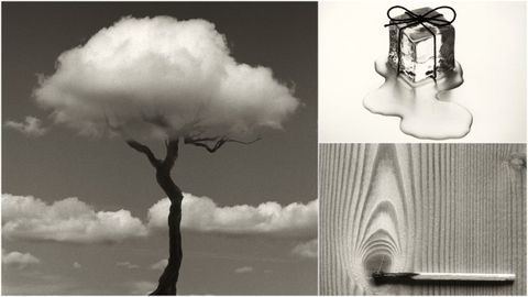 Detalle de tres de las im&aacute;genes del fot&oacute;grafo Chema Madoz: &aacute;rbol nube, cubito de hielo regalo y cerilla.