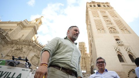 El presidente de Vox, Santiago Abascal (i), junto al candidato de Vox a la Presidencia de la Junta, Manuel Gavira (d), durante el mitin cierre de campa�a que la formaci�n ha celebrado en Sevilla.