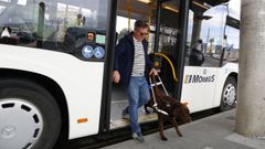 Antonio Manuel Villanueva, con su perro gu�a Spike, bajando de un bus en Mar�n