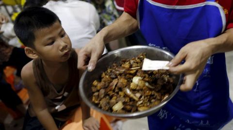 Un ni�o mira un bol con carne de perro. 
