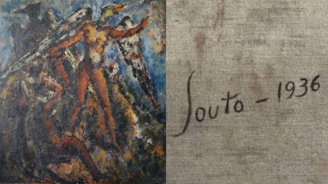 Detalle del cuadro de Arturo Souto localizado en Par�s, que muestra las caracter�sticas distintivas de esta etapa, con sus gamas terrosas y personajes volum�tricos de actitud solemne. A la derecha, firma y dataci�n del artista.