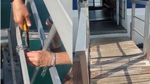 Uno de los tripulantes intentando romper el candado de la rampa / La rampa de madera por la que no podía pasar la silla de Nacho
