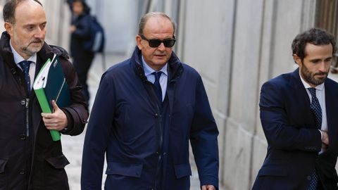Justo Vicente Pelegrini (c), exdirector de Construccin de Acciona en Espaa, a su llegada este mircoles al Tribunal Supremo , donde el juez Leopoldo Puente avanza en la causa sobre el presunto amao de adjudicaciones de obra pblica con el interrogatorio de dos imputados de la constructora Acciona, sealada por presuntos pagos del 2 % de cada proyecto a la empresa Servinabar, vinculada al exdirigente del PSOE Santos Cerdn.