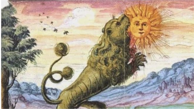 La fabulaci�n m�s com�n para explicar los eclipses en las culturas antiguas era que el Sol era comido por un animal. El le�n verde devorando el sol es una ilustraci�n popular.