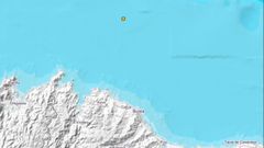 El punto amarillo se�ala el epicentro del movimiento s�smico de este 8 de junio frente a San Cibrao