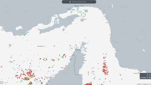 Captura de la web de Marinetraffic.com donde se ven los barcos esperando a ambos lados del estrecho de Ormuz