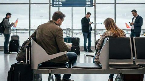 Varias personas esperando en un aeropuerto