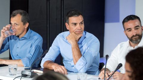 Pedro Snchez, junto al ministro Pedro Duque, y el secretario de Emprendimiento del PSOE, Francisco Polo, durante la reunin con organizaciones del sector de la ciencia 