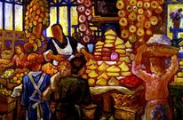 <span lang= es-es >�Mercado�</span>. El lienzo de 1930 pas� del Museo de Castrelos a la nueva pinacoteca Fern�ndez del Riego, en el Casco Vello vigu�s. El Concello decidi� ahora sustituir las obras de Maside por otras de Colmeiro.