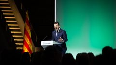 El presidente de la Generalitat, Pere Aragons, este lunes en Barcelona durante su conferencia sobre el aniversario de las elecciones del 14 de febrero del 2021 