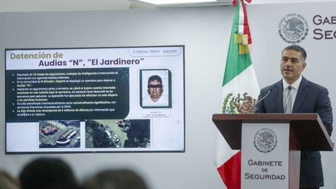 El secretario de Seguridad de M�xico, Omar Garc�a Harfuch, durante la rueda de prensa para dar cuenta de la detenci�n del Jardinero