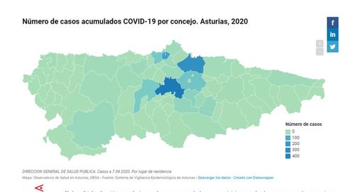 Mapa con el nmero total de casos confirmados en Asturias de COVID-19 hasta el 7 de abril, distribuido por concejos