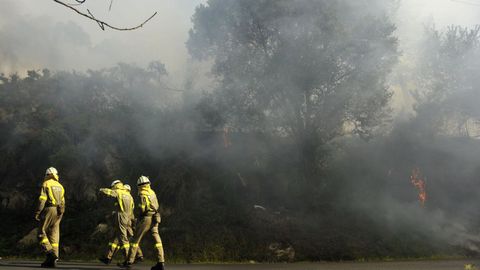 Imagen de archivo de personal contra incendios solventando un incendio forestal en la zona de San Xoan de Esmelle (Ferrol).