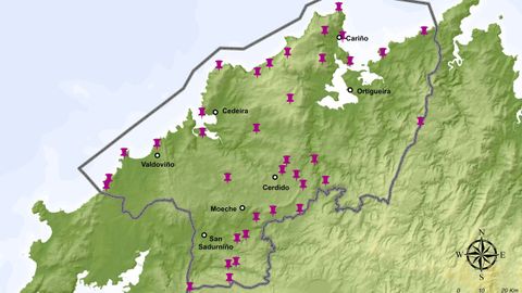 Mapa con los puntos donde se han colocado indicadores, en los siete municipios del xeoparque