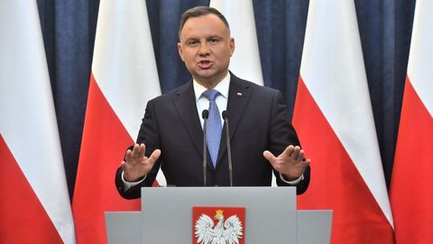 El presidente polaco, Andrzej Duda, este lunes, en su comparecencia ante la prensa