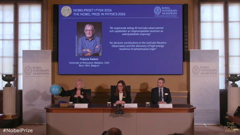 Momento en el que el jurado da a conocer al ganador del Nobel de F&iacute;sica de este a&ntilde;o, Francis Halzen