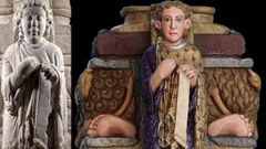 A la izquierda, una imagen de la escultura en la actualidad, y a la derecha, la reconstrucci�n digital