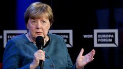 Angela Merkel, durante su intervenci�n en Berl�n