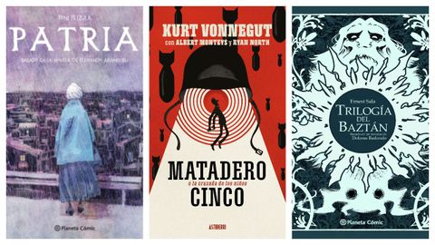Portadas de las versiones de c�mic de Patria, Matadero Cinco y La trilog�a de Bazt�n