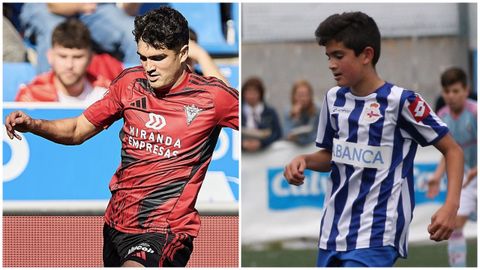 A la izquierda, Hugo Novoa en la actual temporada en el Mirand�s; a la derecha, durante su etapa en el Deportivo. alev�n