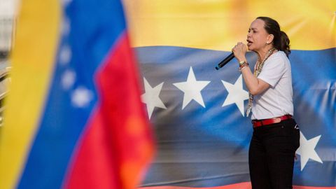 Mar�a Corina Machado, durante el encuentro con la di�spora venezolana, el pasado s�bado en Madrid.