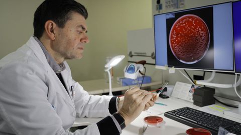 Germ�n Bou, jefe de Microbiolog�a del Chuac, en el laboratorio automatizado con una de las placas reflejada en la pantalla del ordenador