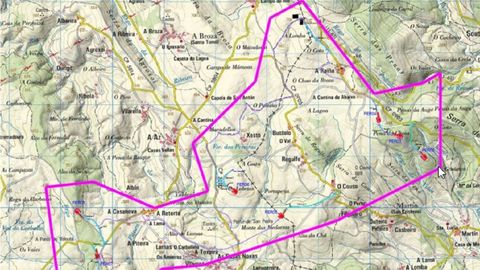 Emplazamiento del proyectado parque e�lico Ferroedo, entre los municipios de B�veda y O Savi�ao, en un plano incluido en la memoria que expone la Conseller�a de Medio Ambiente e Cambio Clim�tico