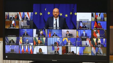 El presidente del Consejo, Charles Michel, en la cumbre telem�tica con los jefes de Gobierno de los Veintisiete