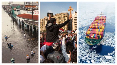 <br />La ciudad de Nueva Orleans, anegada en el 2005 tras el paso del huracn Katrina. Imagen de un protesta en Egipto durante la Primavera rabe en el 2011. Un buque portacontenedor cruzando las aguas del rtico.