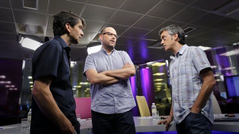 Jorge Su�rez, Marti�o Noriega y Xulio Ferreiro, en una de sus visitas al plat� de V�a V. 