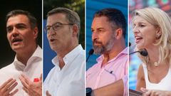 Los l�deres de los principales partidos: Pedro S�nchez (PSOE), Alberto N��ez Feijoo (PP), Santiago Abascal (Vox) y Yolanda D�az (Sumar)