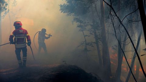 Varios bomberos luchan contra las llamas en un incendio forestal declarado en Belem, cerca de Monchique, en el Algarve portugu�s hoy, 8 de agosto de 2018. El primer ministro de Portugal, Ant�nio Costa, descarta que el incendio desatado el pasado viernes en la sure�a regi�n del Algarve vaya a ser extinguido en las �pr�ximas horas�, y augur� que ser�n necesarios �d�as� para controlarlo. 