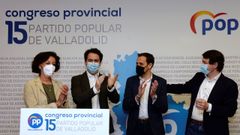 La secretaria general del PP en Valladolid, Mercedes Cantalapiedra; el secretario general del PP, Teodoro Garc�a Egea; el presidente de la Diputaci�n de Valladolid, Conrado Iscar y el presidente de los populares en Castilla - Le�n, Alfonso Fern�ndez Ma�ueco, durante el congreso provincial extraordinario que los populares celebraron este s�bado en Valladolid.