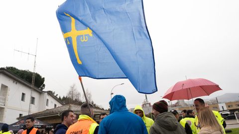 Trabajadores durante la manifestaci�n de la plantilla de Ence en contra del ERE a 96 trabajadores, a 1 de febrero de 2026, en Navia