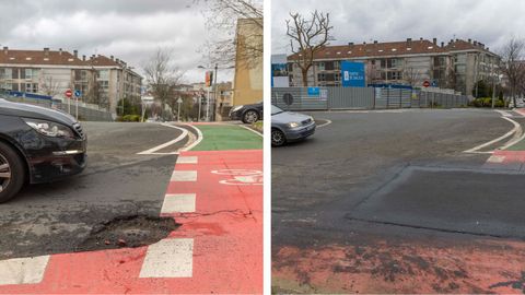 Im�genes antes y despu�s de reparar uno de los baches de la r�a Roma, en Fonti�as