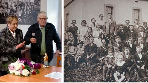 A la izquierda, el hijo del maestro asesinado se emociona en el homenaje junto a su esposa; a la derecha el maestro Rafael Fernández Casas con sus alumnos en Ortigueira