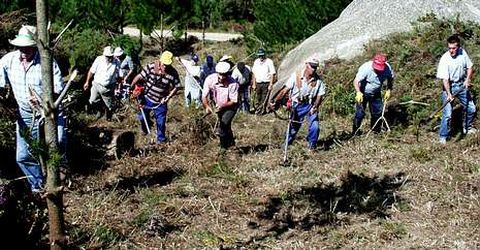 Imagen de archivo de vecinos de Caranto�a realizando tareas de limpieza en el monte Milleira.