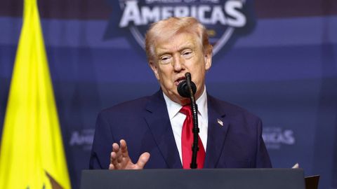 Donald Trump en su intervenci�n en Miami durante la cumbre con presidentes latinoamericanos de derechas