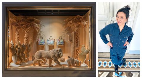 Decoración para la tienda de Dior en París, a la izquierda; la artista Elga Fernández Lamas, a la derecha con buzo de Bazán