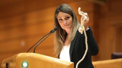 La senadora de Ciudadanos Mar�a Ponce muestra una soga durante el debate de los Presupuestos en el Senado en se�al de apoyo al sector de la peluquer�a.