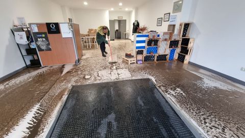 Vecinos de la calle Fernando Olmedo, en Pontevedra, se afanan en limpiar los restos del temporal de lluvia