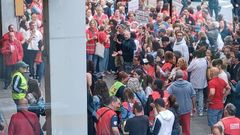 Trabajadores del comercio de alimentaci�n, a las puertas del mercado de Elvi�a antes de partir hacia el mercado de San Agust�n para participar en la manifestaci�n
