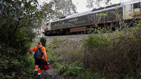 Tren de mercanc�as accidentado en Cambre