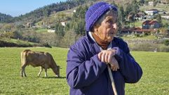 Elena Lorenzo Bugallo, en el prado, con una de las trece vacas que saca a pastar haga fro, calor o llueva. 