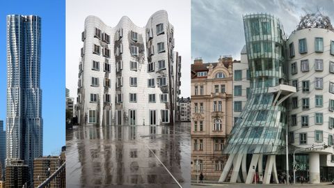 De izquierda a derecha, 8 Spruce Street (antes Torre Beekman), en Manhattan; Neuer Zollhof, en Duseeldorf, y Dancing House (Praga).