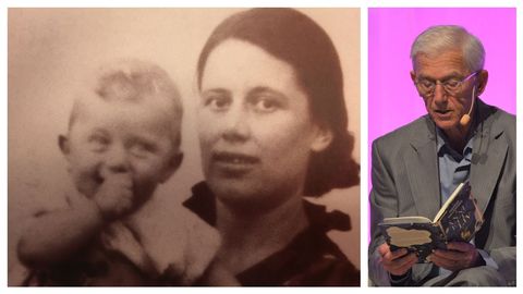Theodor Kallifatides, cuando a�n no hab�a cumplido un a�o, en una fotograf�a en la que aparece en brazos de su madre. La imagen preside la portada del libro �Madres e hijos�. A la derecha, el escritor griego afincado en Suecia -retratado por Bengt Oberger-, durante una lectura de su obra �Otra vida por vivir� en la feria del libro de G�teborg del 2017