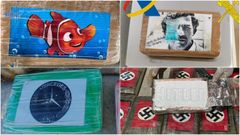 Distintos fardos de droga marcados con diferentes logotipos que identifican la partida de producci�n