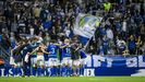 Los futbolistas azules, tras el encuentro ante el Almera