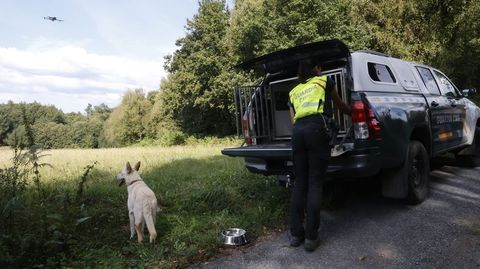 Rastreo con un dron de Axega y el servicio cinológico de la Guardia Civil, en foto de archivo durante otro operativo de búsqueda.
