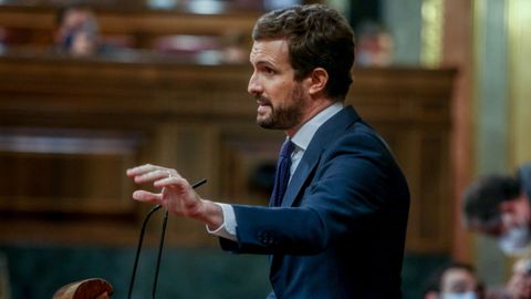 El lder del PP, Pablo Casado, este mircoles en el debate sobre los Presupuestos en el Congreso.